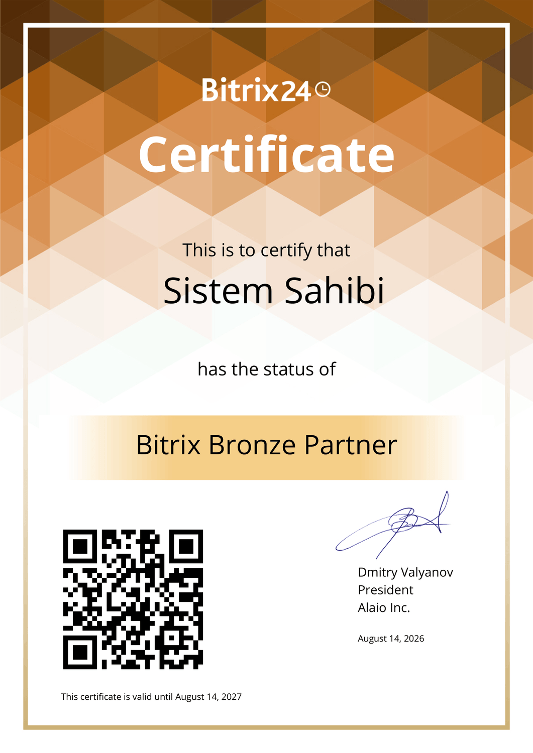 Sistem Sahibi Bronze Bitrix24 Partner sertifikası